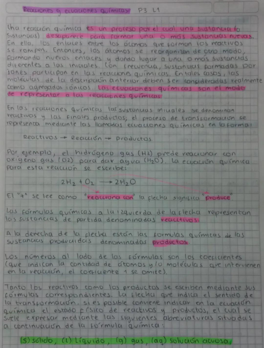 # Reacciones y ecuaciones químicas P3 L1

Una reacción química es un proceso por el cual una sustancia lo
Sustanias) desaparece para formar 