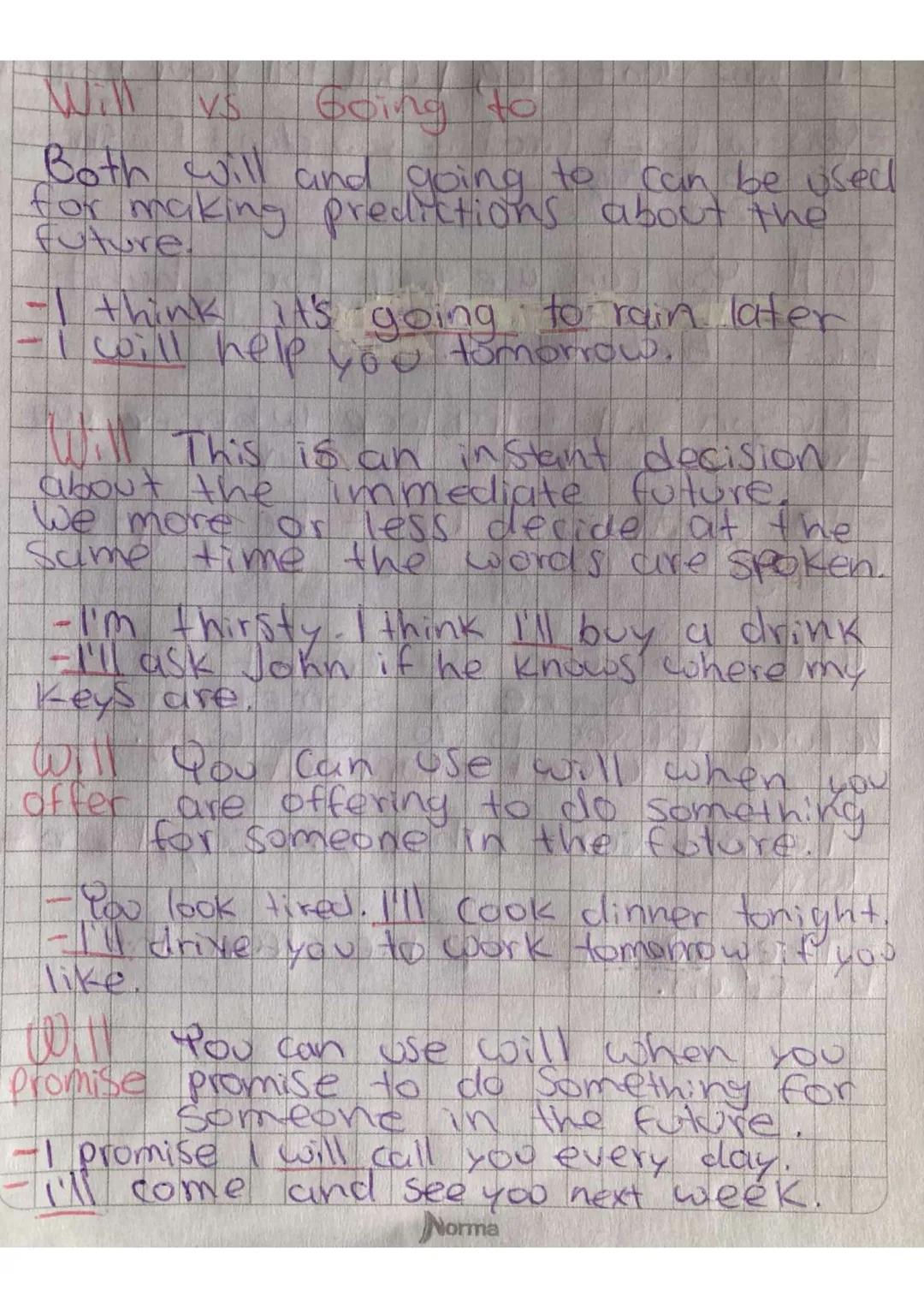 Win
VS
Going to
Both will and going to can be used
for making predictions about the
future.
-I think it's going to rain later
-I will help y