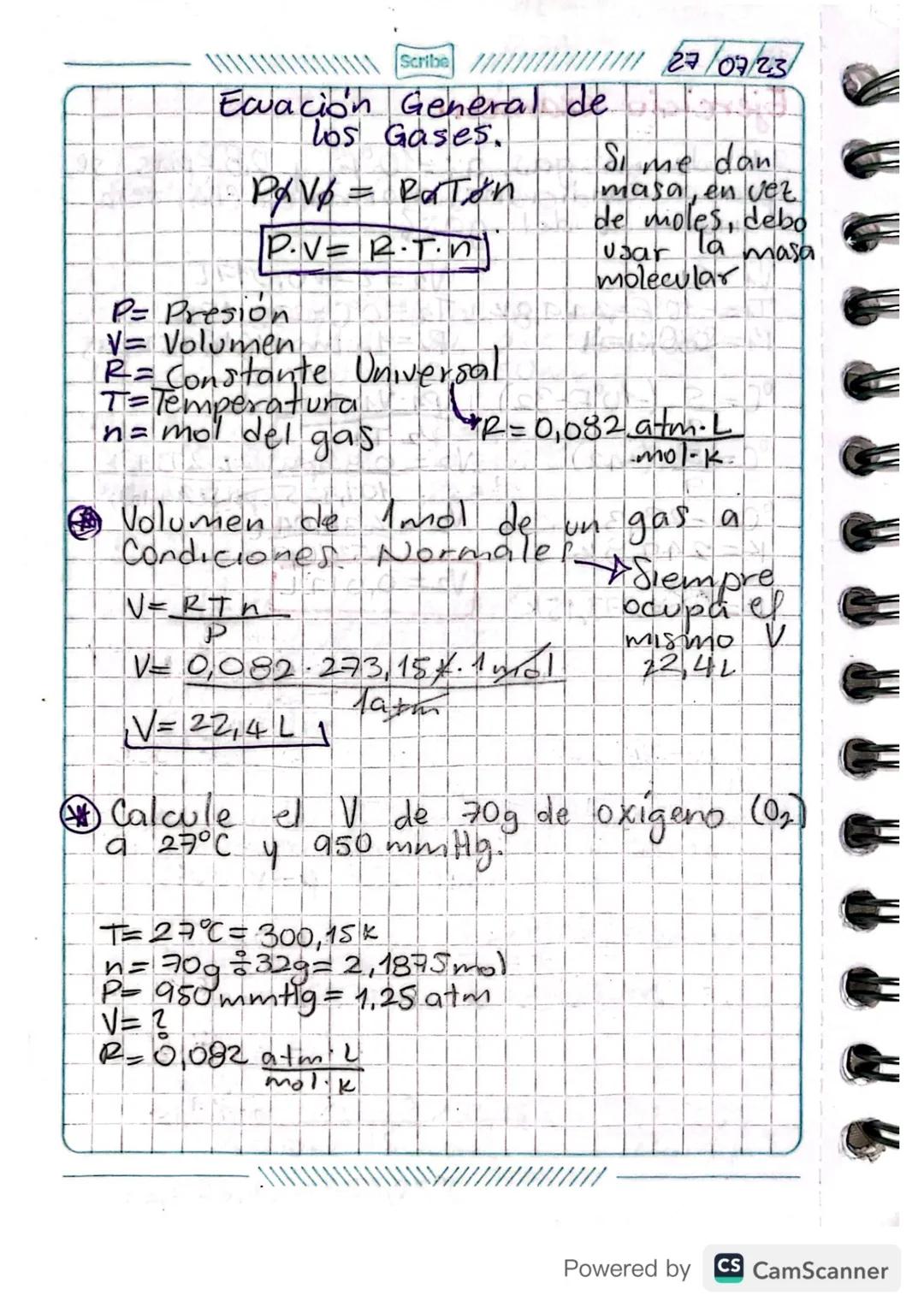 Scribe
Ecuación General de.
Los Gases.
PAVP = PaTon
P.V= R.T.n
P= Presion
27/07/23
Si me dan
masa, en vez
de moles, debo
usar la masa
molecu