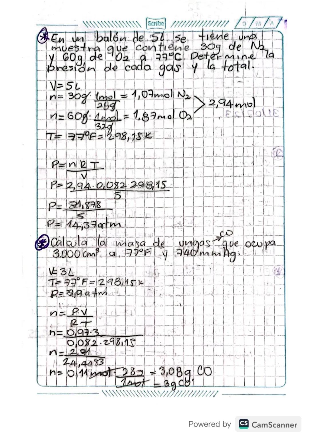 Scribe
Ecuación General de.
Los Gases.
PAVP = PaTon
P.V= R.T.n
P= Presion
27/07/23
Si me dan
masa, en vez
de moles, debo
usar la masa
molecu