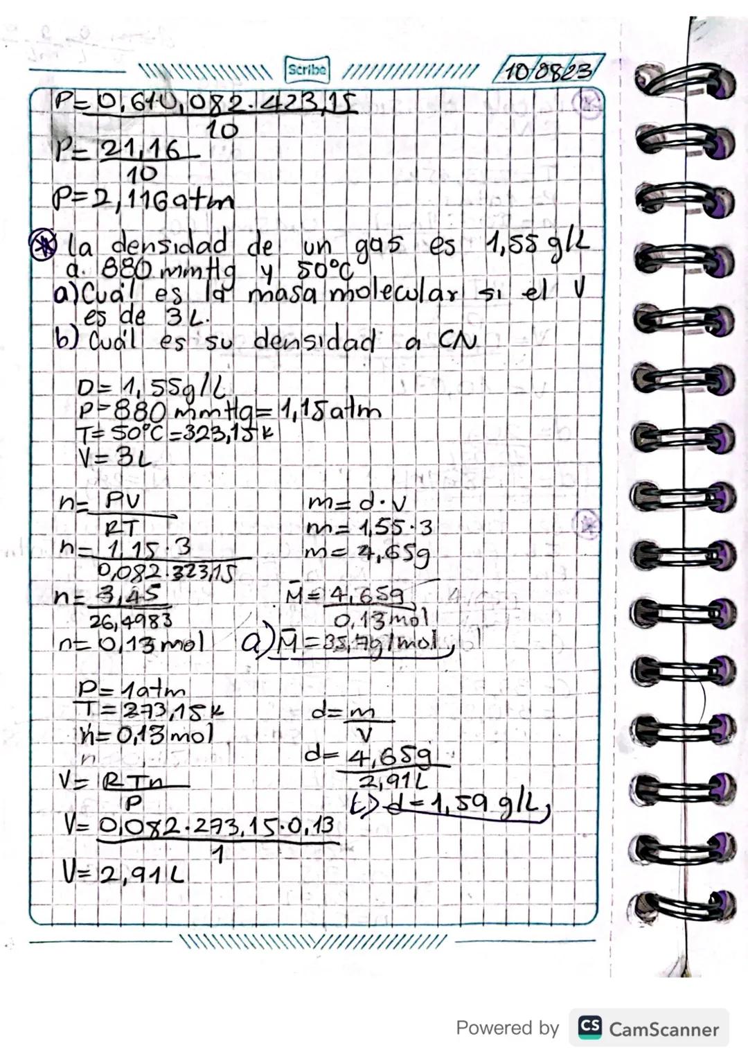 Scribe
Ecuación General de.
Los Gases.
PAVP = PaTon
P.V= R.T.n
P= Presion
27/07/23
Si me dan
masa, en vez
de moles, debo
usar la masa
molecu