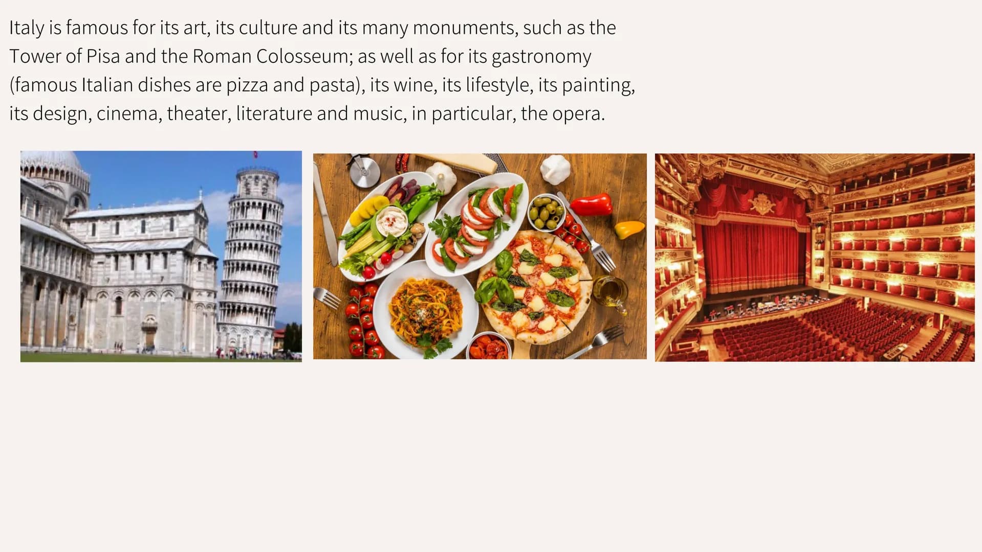 ITALY Italy, a European country with a
long Mediterranean coastline,
greatly influenced Western
culture and cuisine Its capital, Rome, is ho