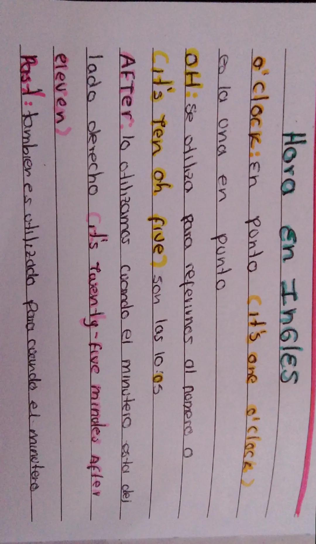 Hora en Ingles
o'clock en punto cit's one o'clock)
eo la una en
punto
OH se utiliza para referinos al nomere o
Cit's pen oh five son las 10: