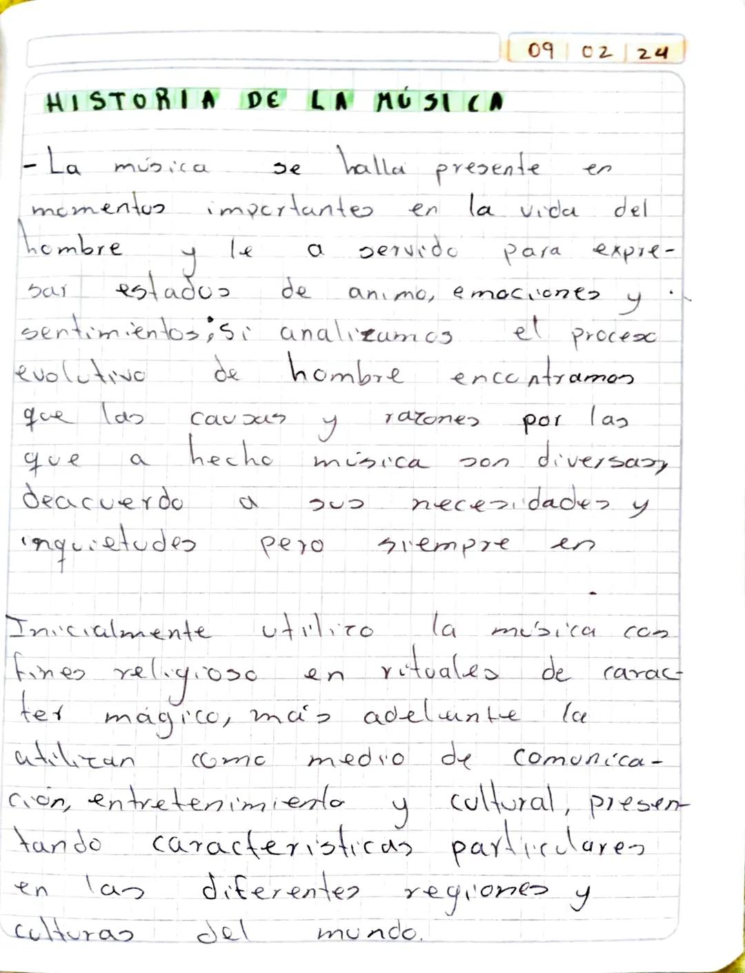 ०१
02 24
# HISTORIA DE LA MÚSICA
- La música se halla presente en
momentus importantes en la vida del
hombre y le a servido para expre-
sai 
