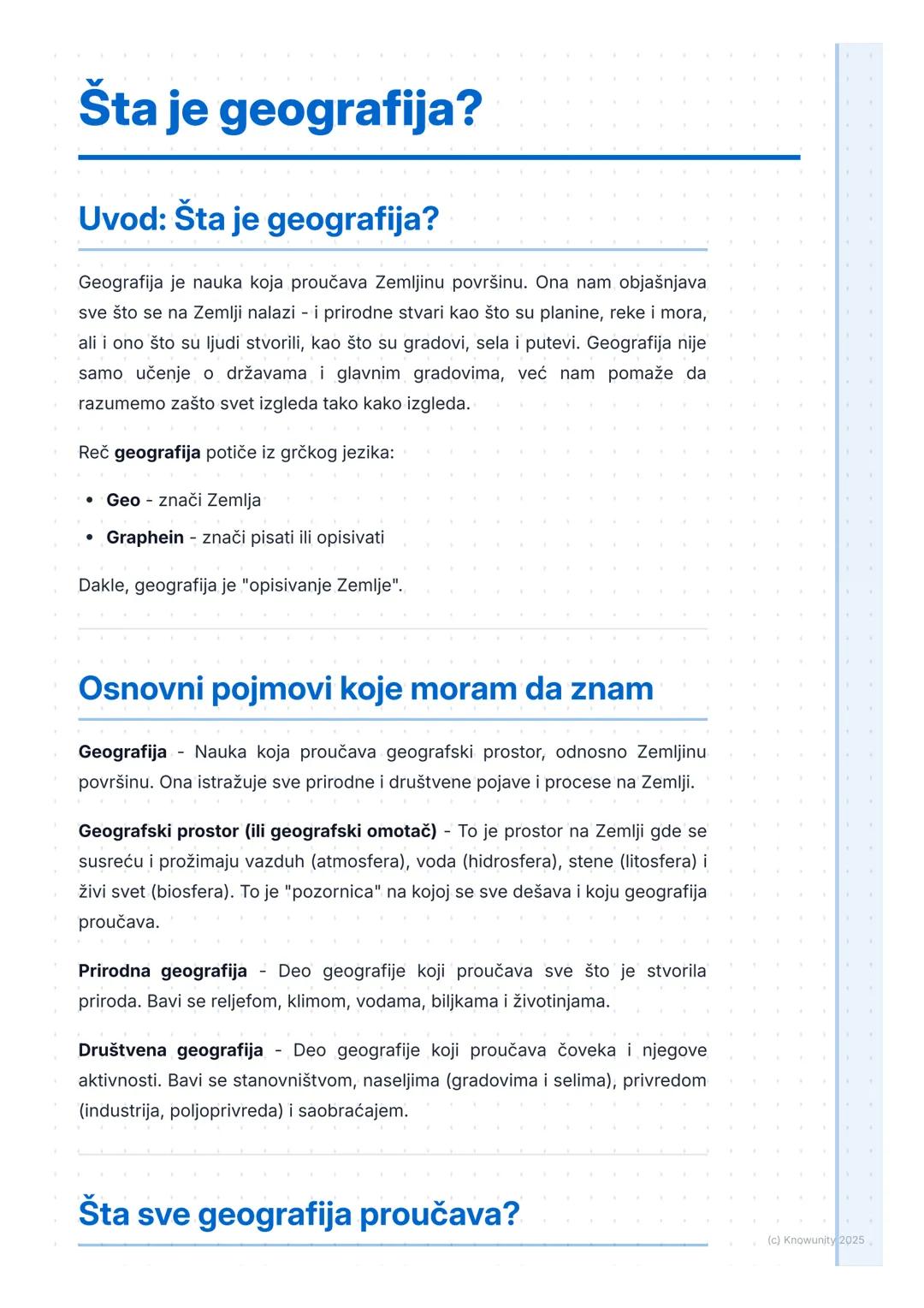 # Šta je geografija?

## Uvod: Šta je geografija?

Geografija je nauka koja proučava Zemljinu površinu. Ona nam objašnjava
sve što se na Zem