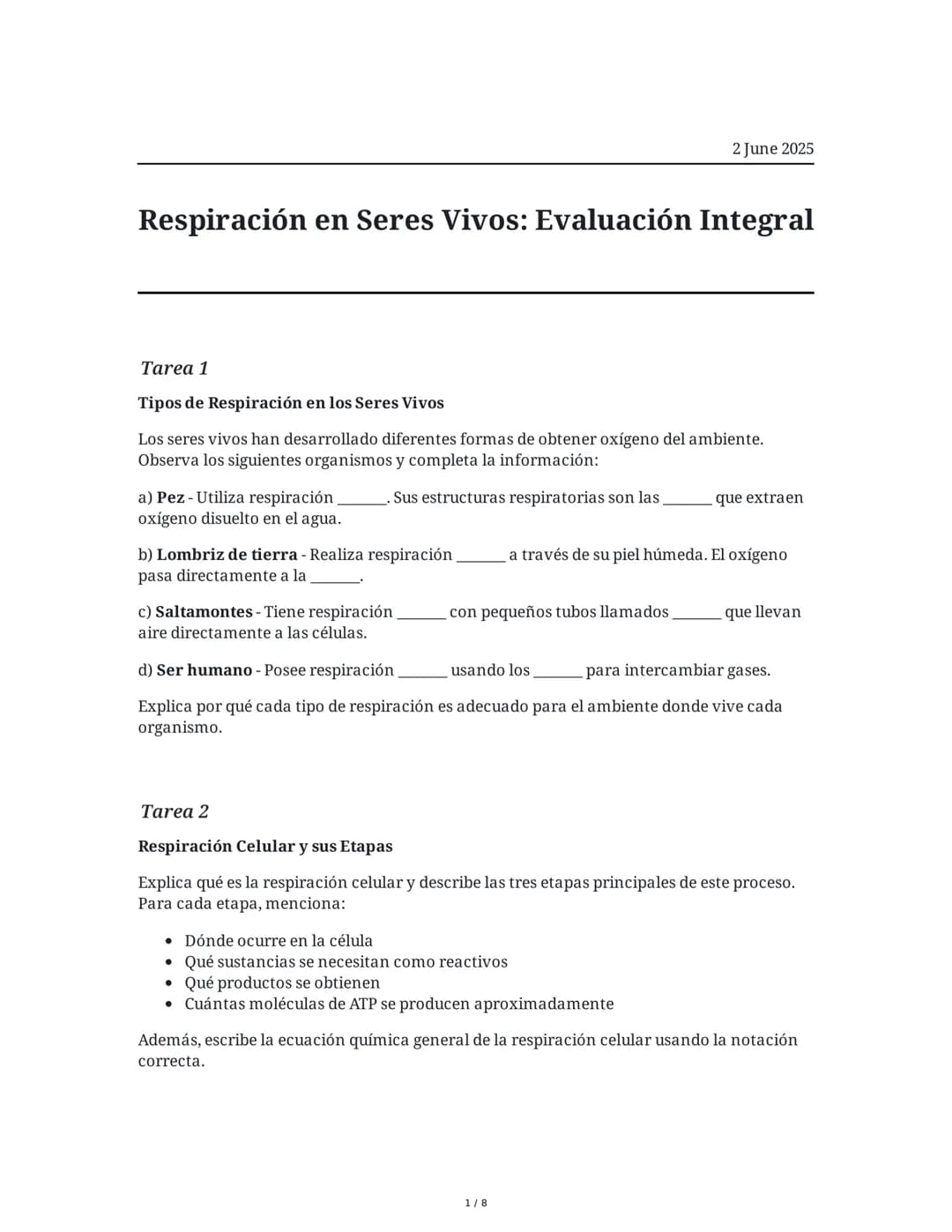 Respiración en Seres Vivos: Evaluación Integral