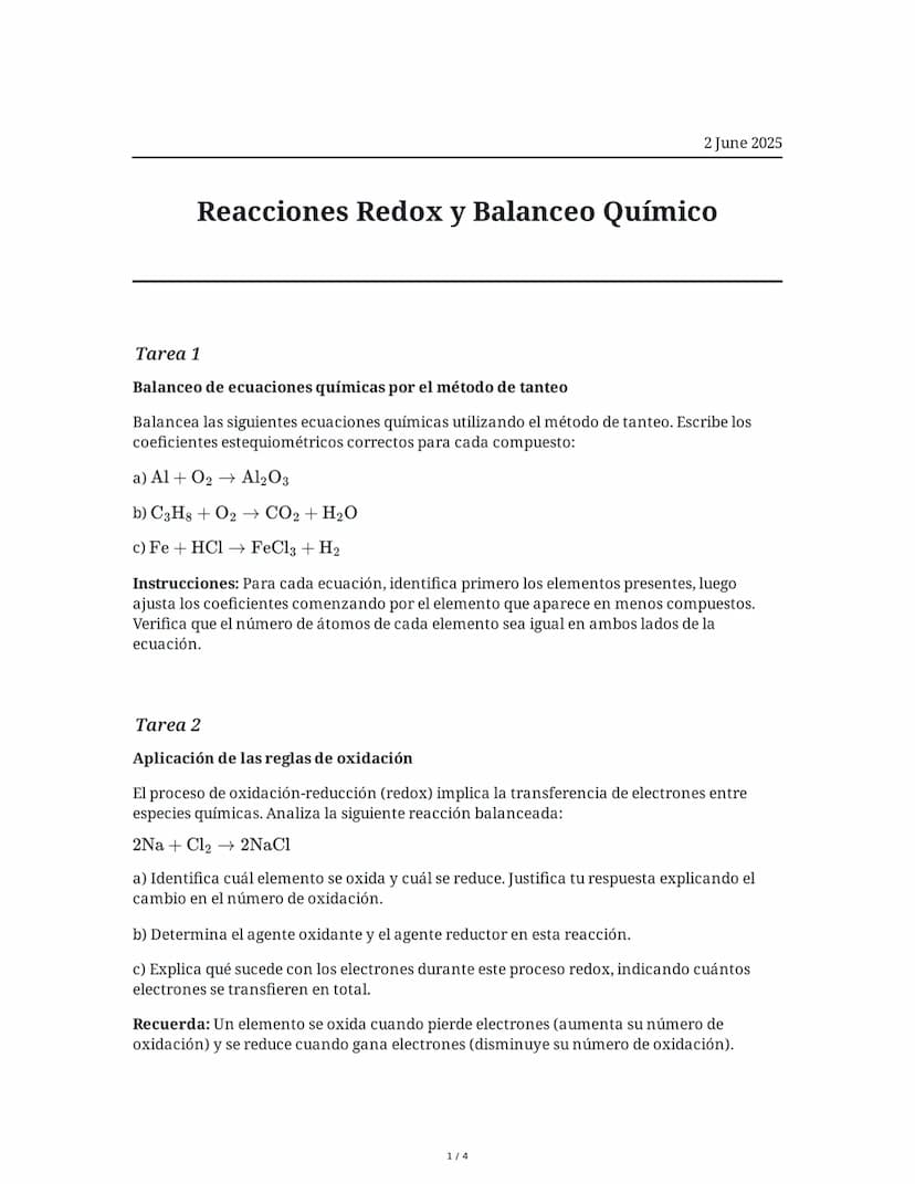 2 June 2025
Reacciones Redox y Balanceo Químico
Tarea 1
Balanceo de ecuaciones químicas por el método de tanteo
Balancea las siguientes ecua