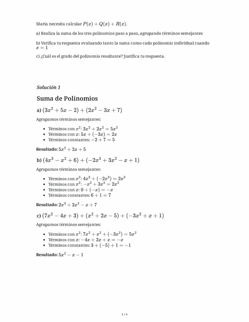 6 June 2025
Suma de Polinomios: Simplificación Algebraica
Tarea 1
Realiza las siguientes sumas de polinomios y simplifica el resultado:
a) (