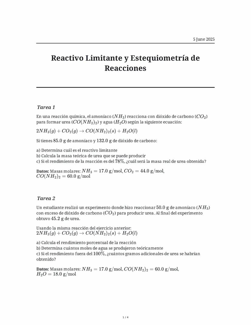 5 June 2025
Reactivo Limitante y Estequiometría de
Reacciones
Tarea 1
En una reacción química, el amoníaco (NH3) reacciona con dióxido de ca