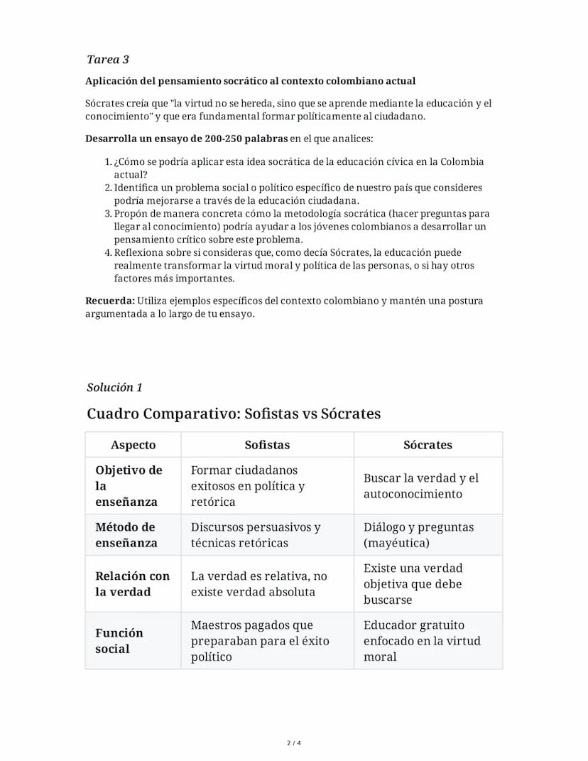 3 June 2025
Sócrates y los Sofistas: Filosofía Griega
Tarea 1
Análisis comparativo de los sofistas y Sócrates
Basándote en el texto, elabora