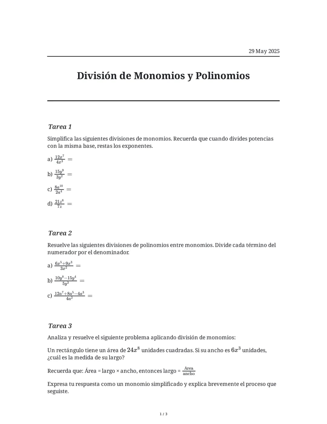 División de Monomios y Polinomios