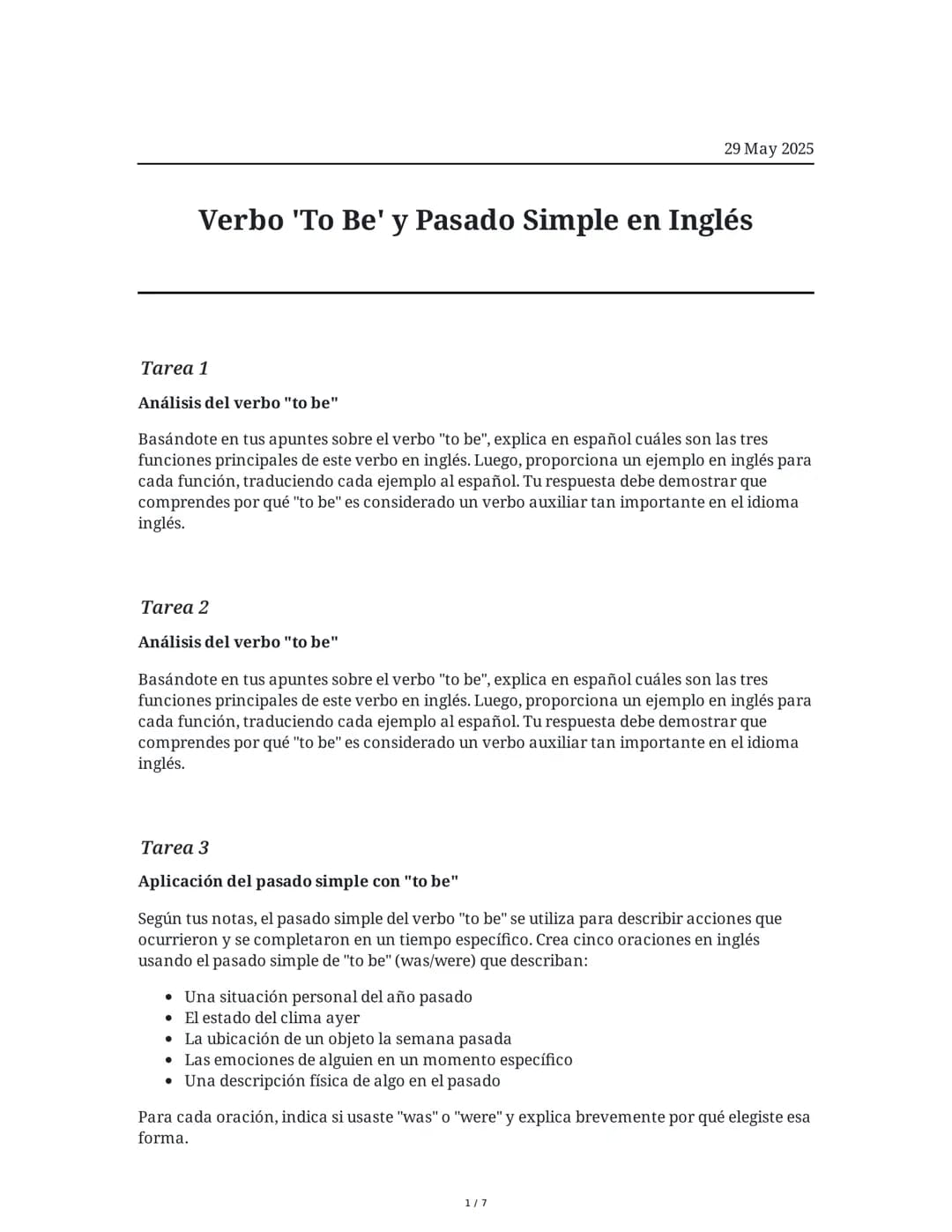 Verbo 'To Be' y Pasado Simple en Inglés