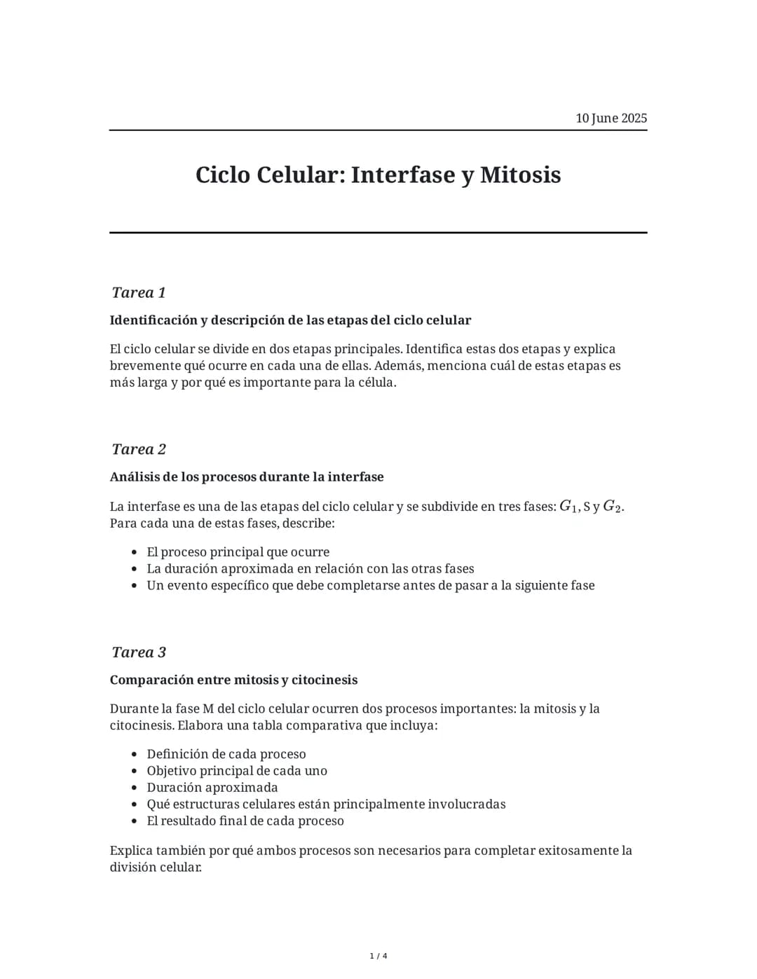 Ciclo Celular: Interfase y Mitosis
10 June 2025
Tarea 1
Identificación y descripción de las etapas del ciclo celular
El ciclo celular se div