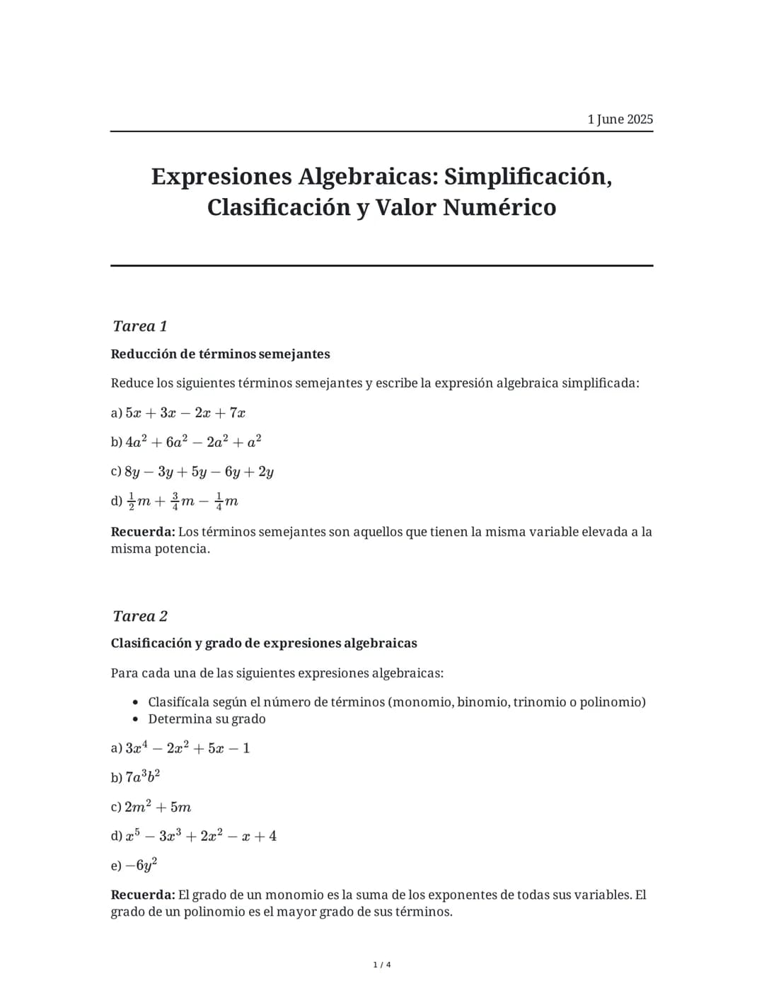 Expresiones Algebraicas: Simplificación, Clasificación y Valor Numérico