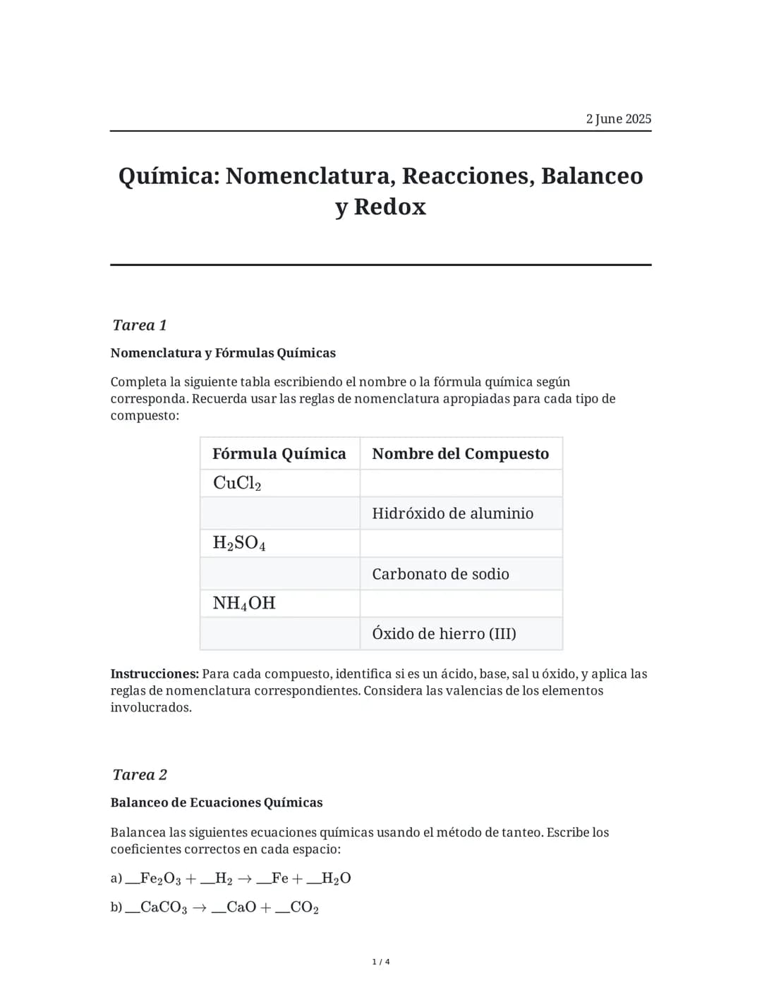 Química: Nomenclatura, Reacciones, Balanceo y Redox
