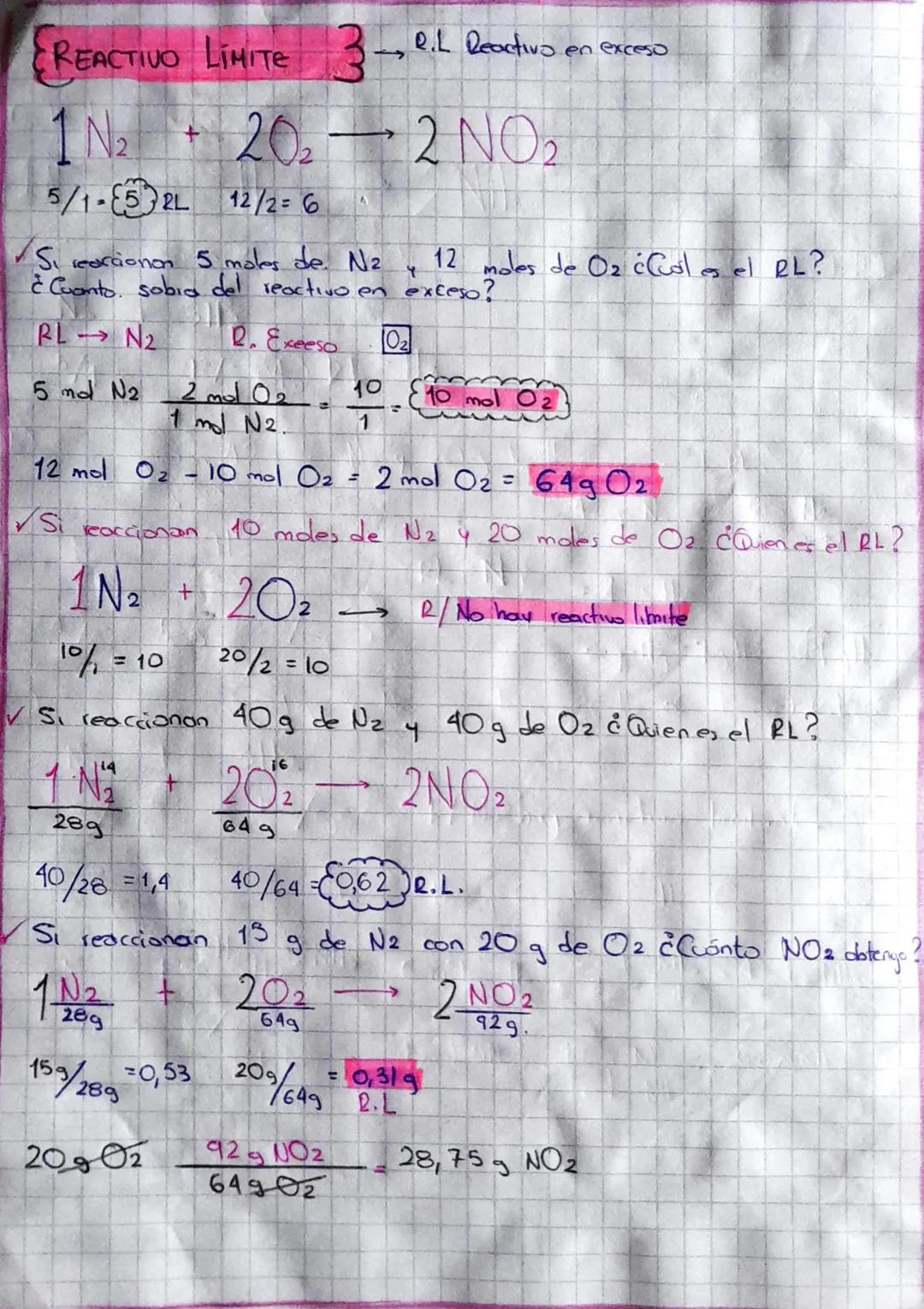 # REACTIVO LIMITE 3-
R.L Reactivo en exceso
1 N2 + 202 $\rightarrow$ 2 NO2
5/1-52L 12/26
✓ Si reaccionon 5 moles de. Na
५ 12 moles de O