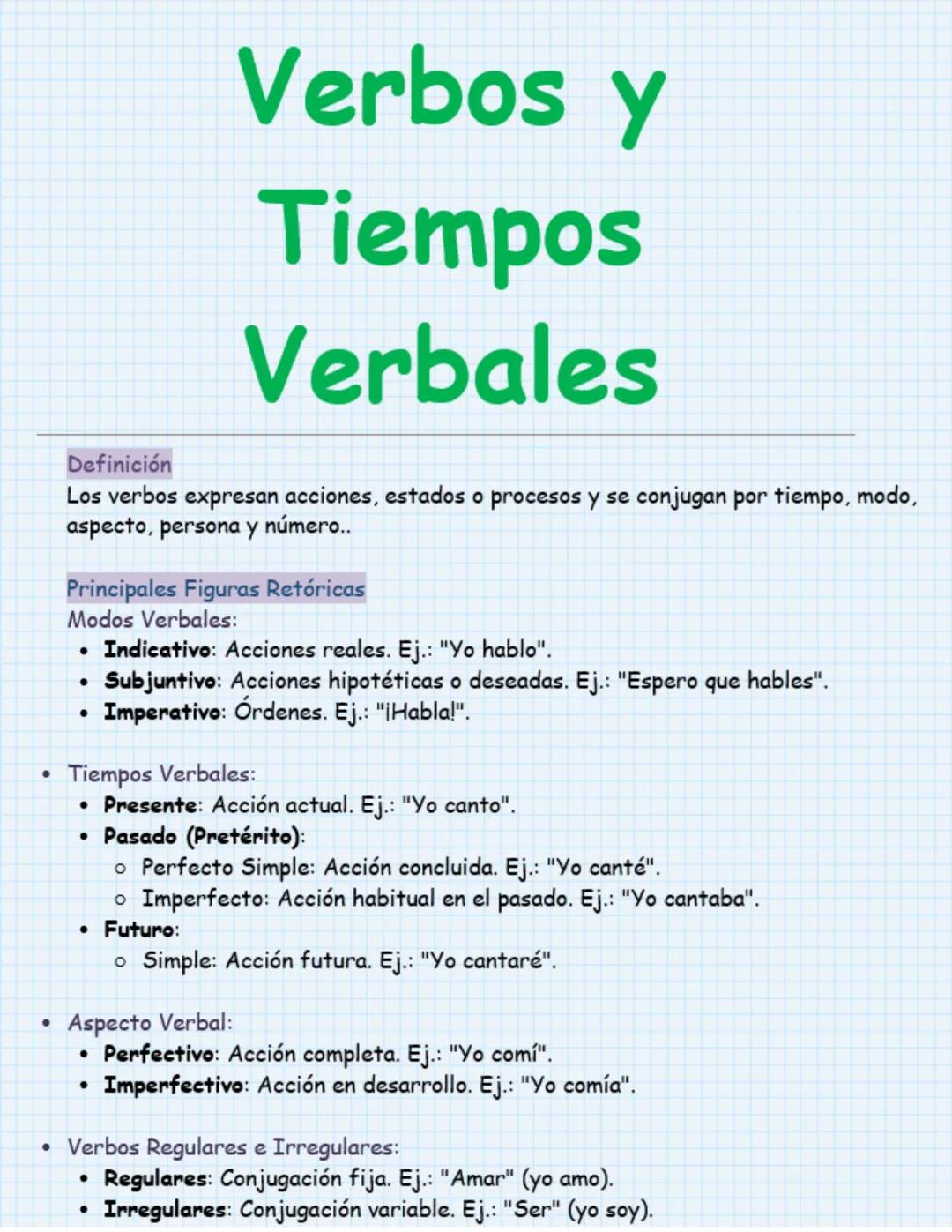 # Verbos y
# Tiempos
# Verbales
Definición
Los verbos expresan acciones, estados o procesos y se conjugan por tiempo, modo,
aspecto, per