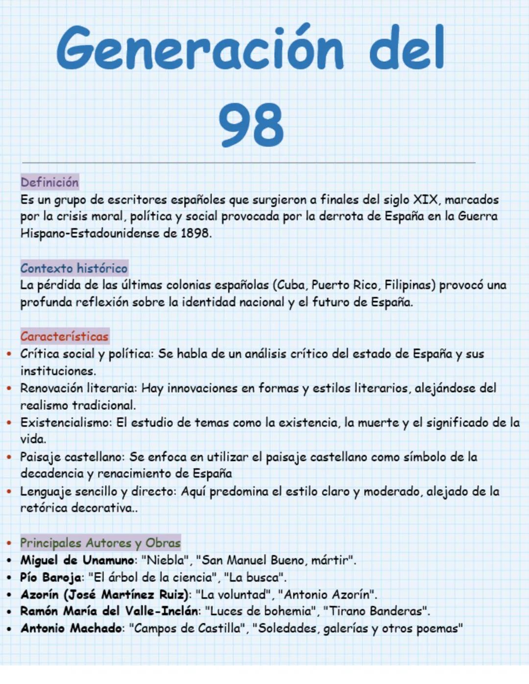 # Generación del
# 98
Definición
Es un grupo de escritores españoles que surgieron a finales del siglo XIX, marcados
por la crisis moral,