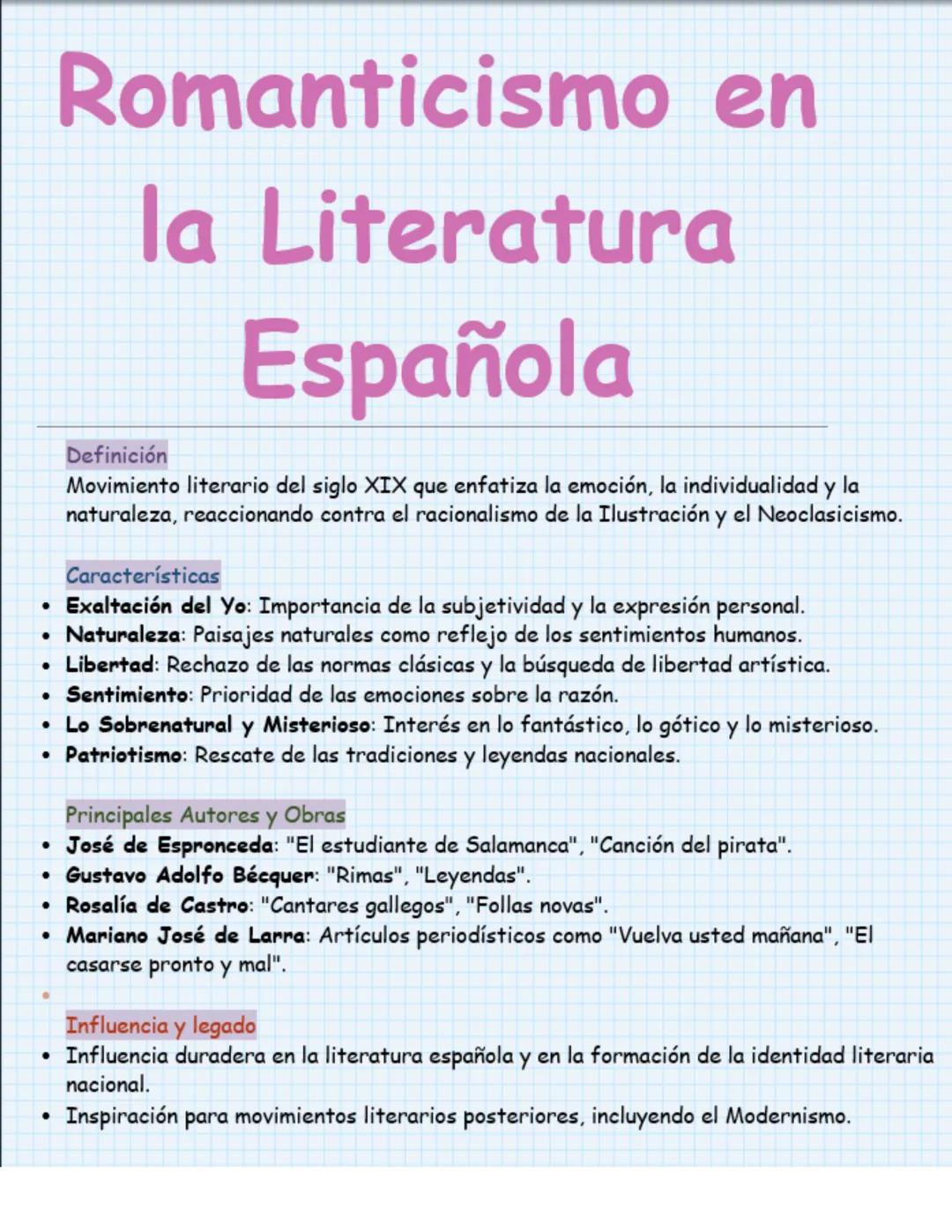 •
Romanticismo en
la Literatura
Definición
Española
Movimiento literario del siglo XIX que enfatiza la emoción, la individualidad y la
natur