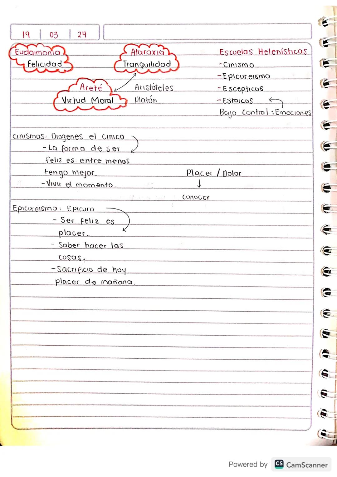 19 03 24
(Eudaimonia)
Ataraxia
felicidad
Tranquilidad
Areté
Aristóteles
Virtud Moral
Platón
Escuelas Helenísticas.
-Cinismo
-Epicureism