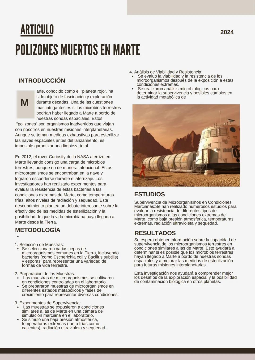 ARTICULO
POLIZONES MUERTOS EN MARTE
2024
INTRODUCCIÓN
M
arte, conocido como el "planeta rojo", ha
sido objeto de fascinación y exploración
d