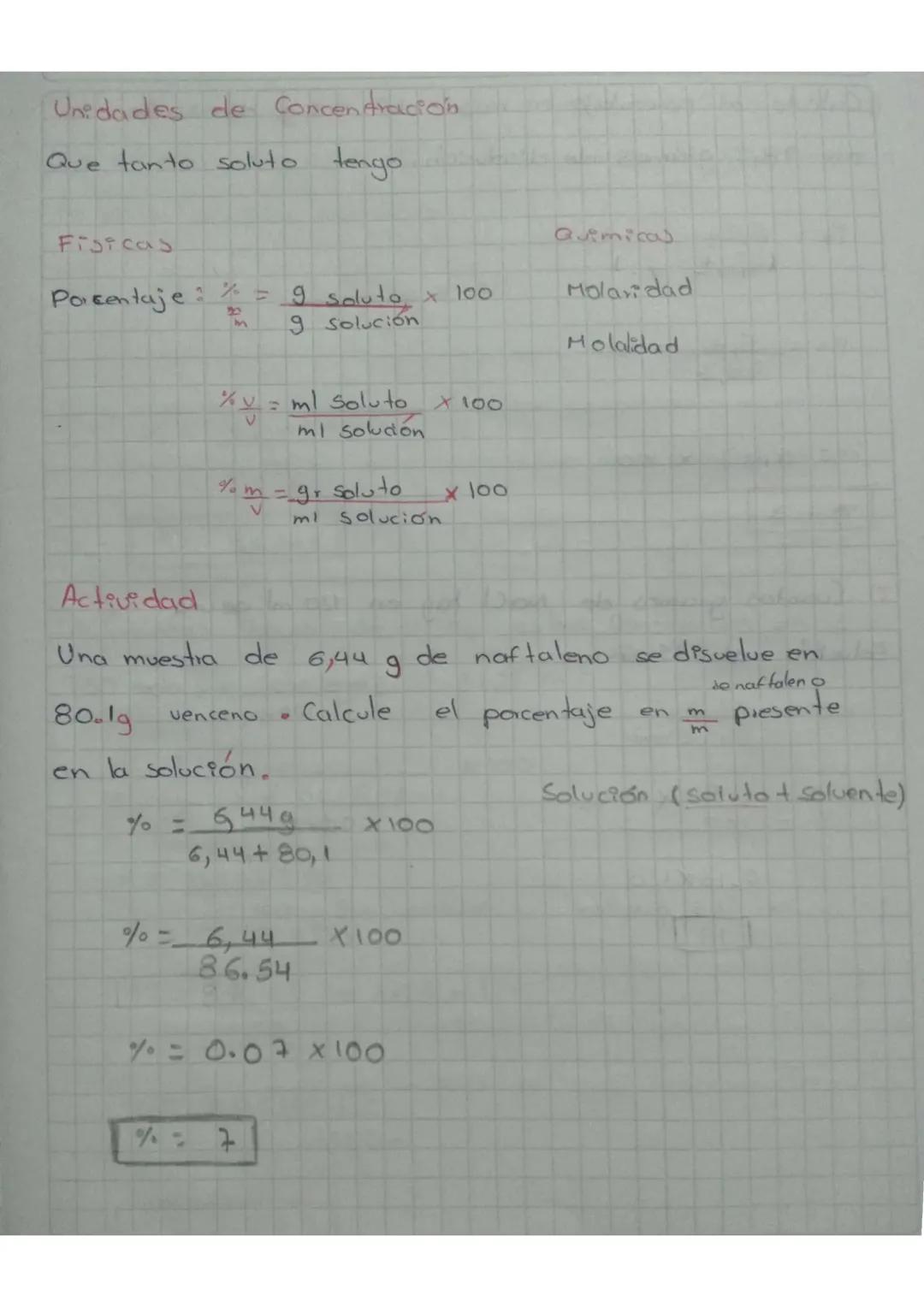 Unidades de Concentración.
Que tanto soluto tengo
Fisicas
Porcentaje: $\frac{\%}{m} = \frac{g \text{ Soluto} \times 100}{g \text{ solució