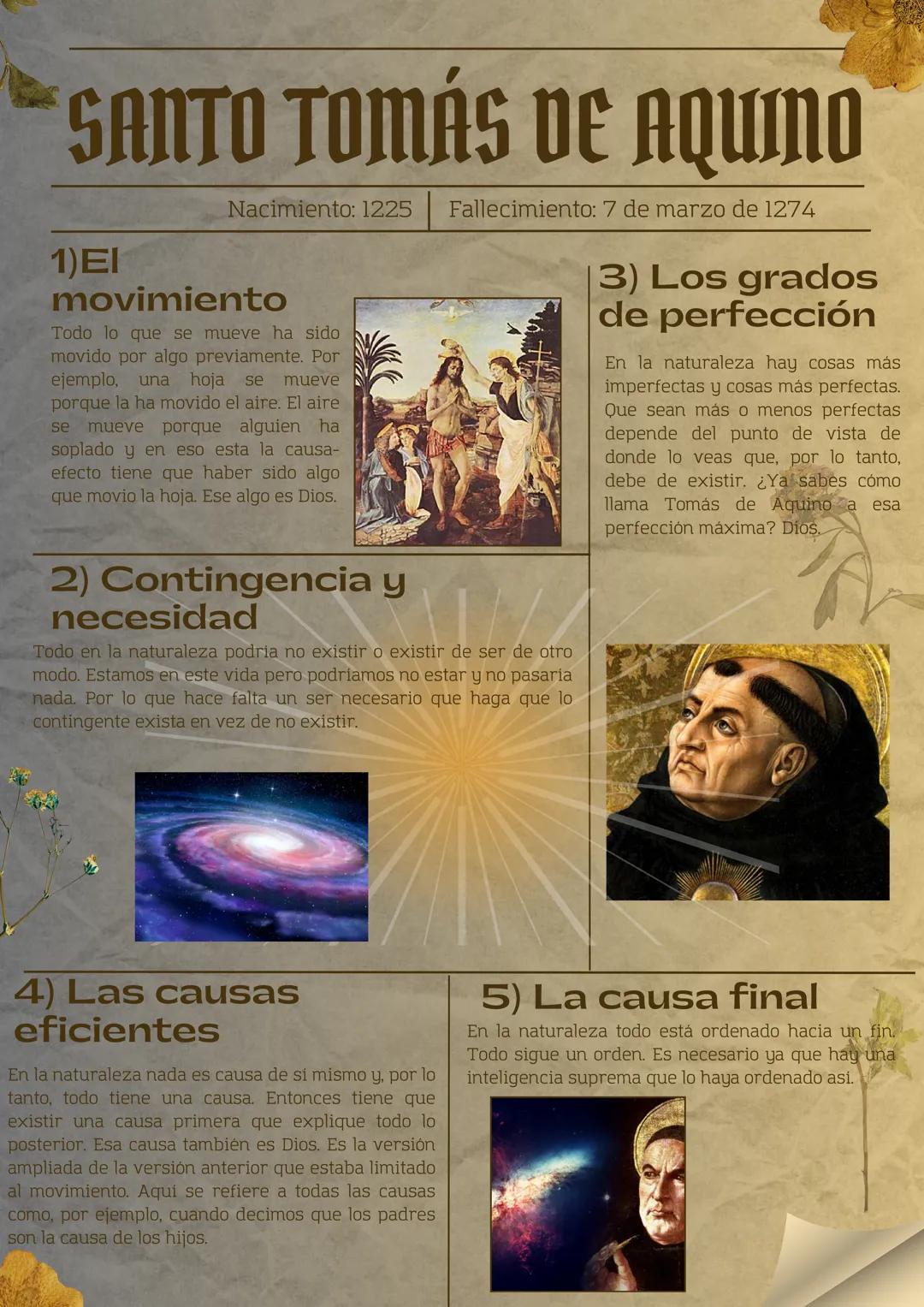 # SANTO TOMÁS DE AQUINO
Nacimiento: 1225 Fallecimiento: 7 de marzo de 1274
1)ΕΙ
movimiento
Todo lo que se mueve ha sido
movido por algo