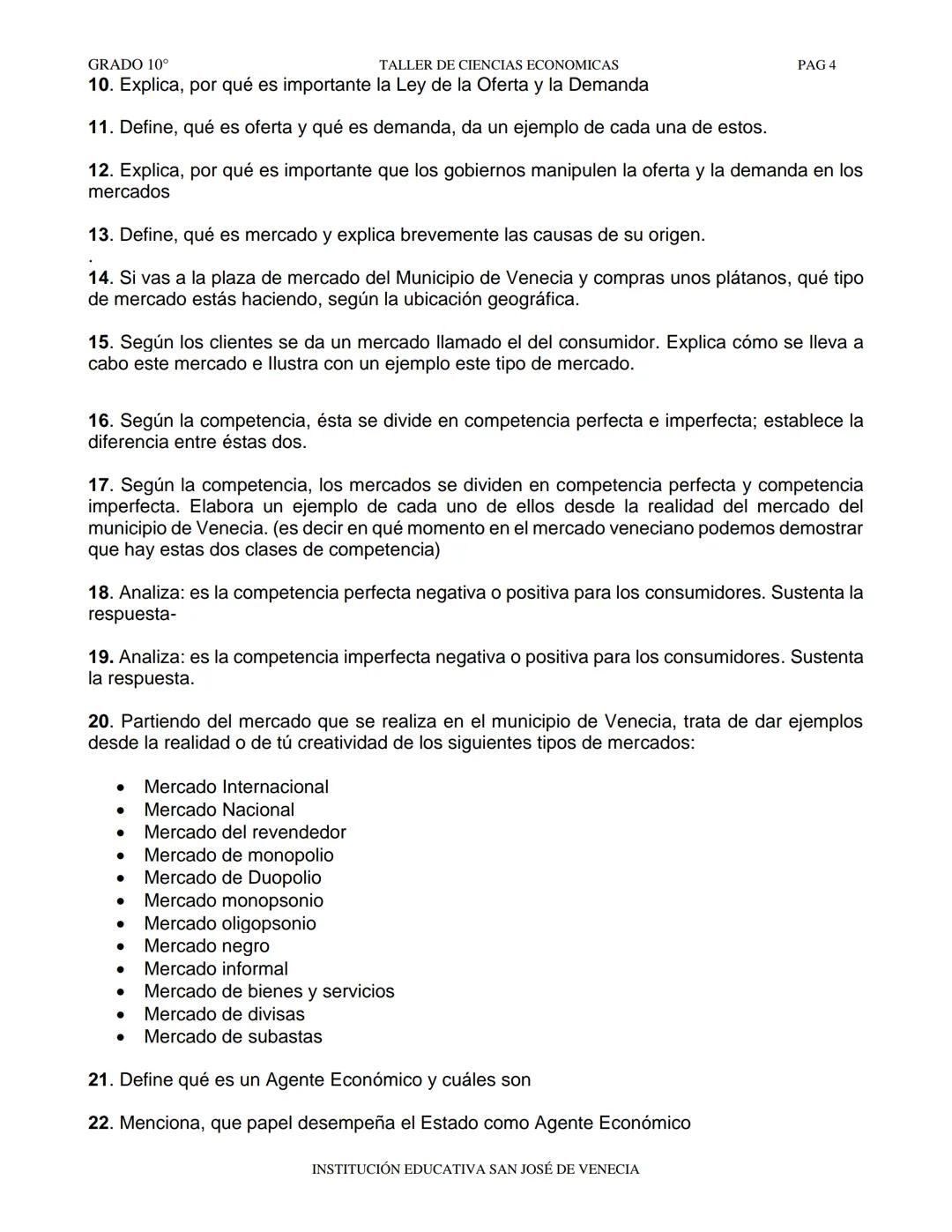 GRADO 10°
TALLER DE CIENCIAS ECONOMICAS
PAG 1
INSTITUCIÓN EDUCATIVA SAN JOSÉ DE VENECIA
ASIGNATURA: ECONOMÍA Y POLÍTICA
GRADO: 10°
NOMBRE
