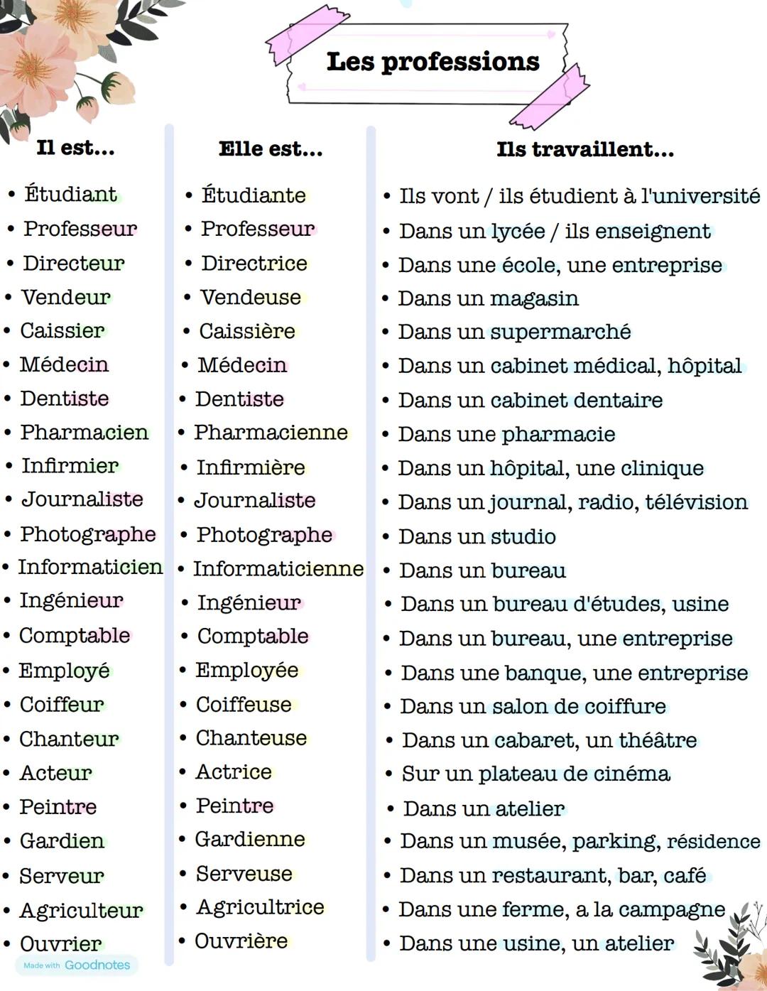 Les professions
Il est...
Étudiant
• Professeur
•
Elle est...
Étudiante
• Professeur
• Directeur
• Directrice
• Vendeur
Caissier
• Vendeuse
