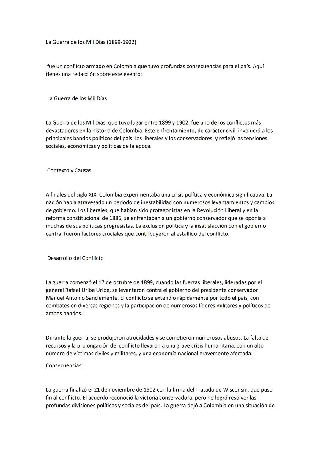 # La Guerra de los Mil Días (1899-1902)
fue un conflicto armado en Colombia que tuvo profundas consecuencias para el país. Aquí
tienes una