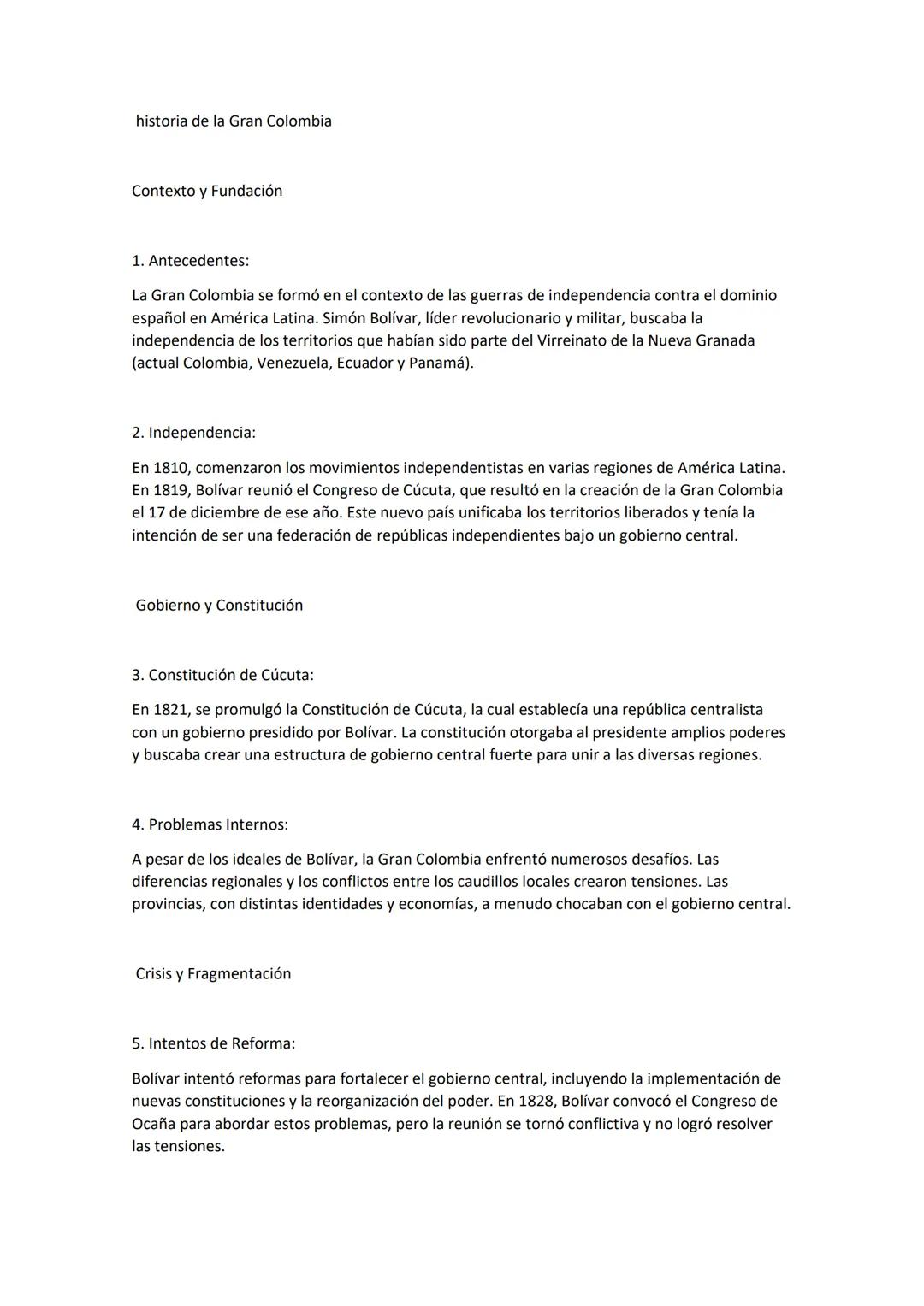 historia de la Gran Colombia
Contexto y Fundación
1. Antecedentes:
La Gran Colombia se formó en el contexto de las guerras de independencia