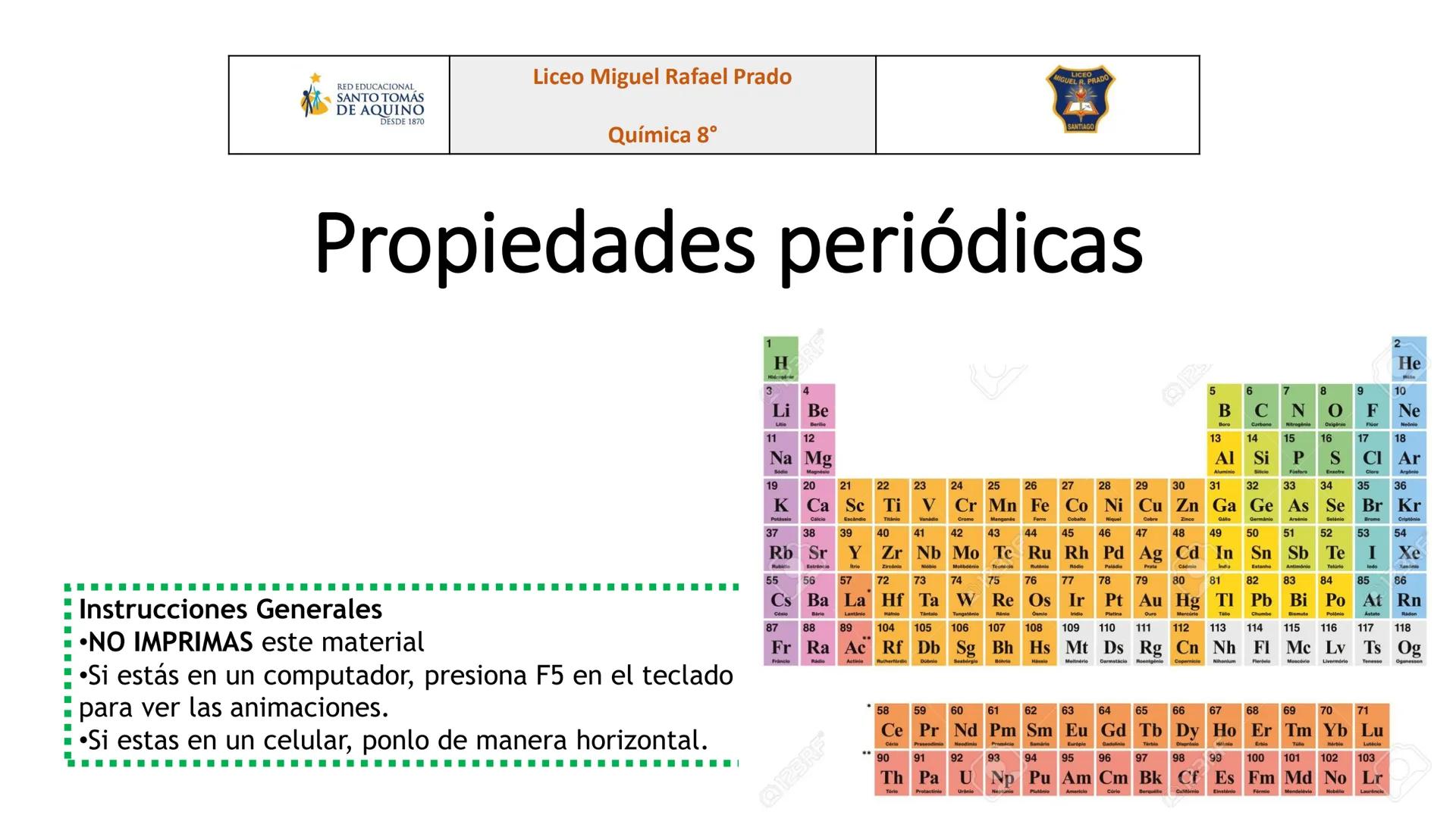 RED EDUCACIONAL
SANTO TOMÁS
DE AQUINO
DESDE 1870
Liceo Miguel Rafael Prado
Química 8°
LICEO
MIGUEL R. PRADO
SANTIAGO
Propiedades periódicas