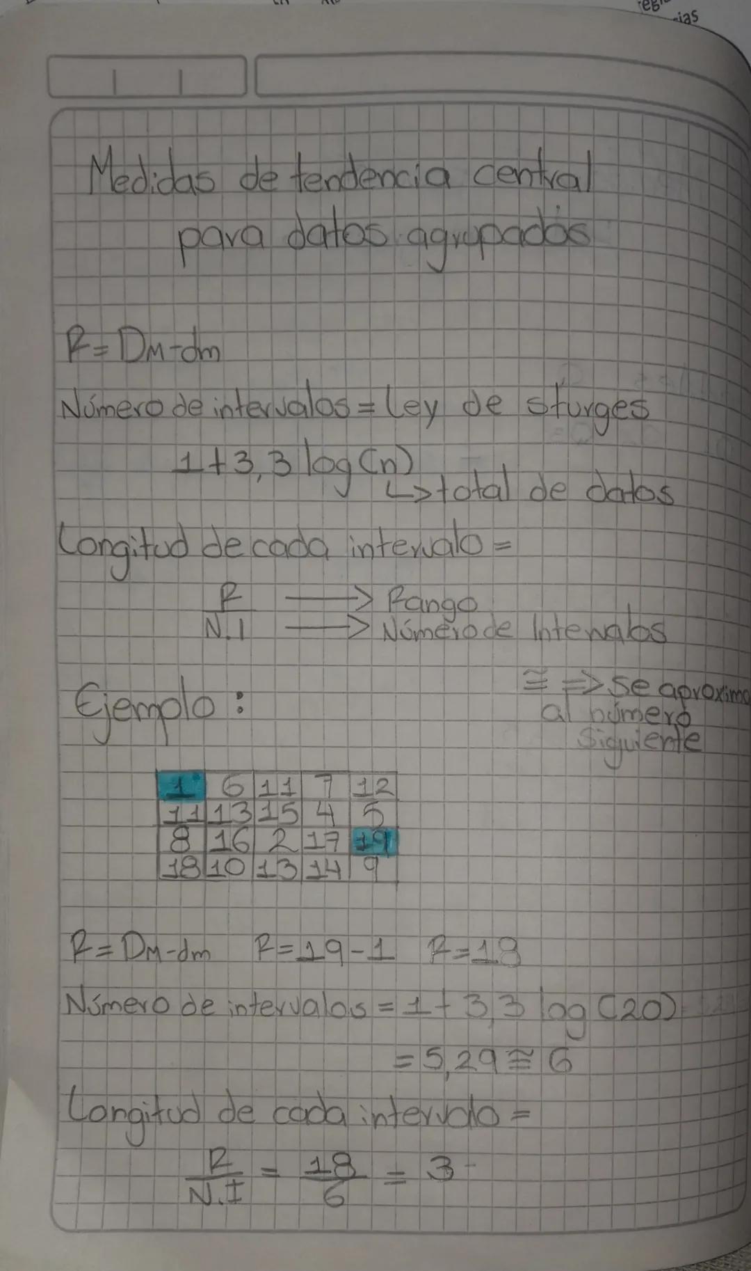 Medidas de tendencia central
para
datos
agrupadas
R=DM-dm
eb
Número de intervalos = Ley de sturges
1 +3,3 log (n), total de datos.
Longitud