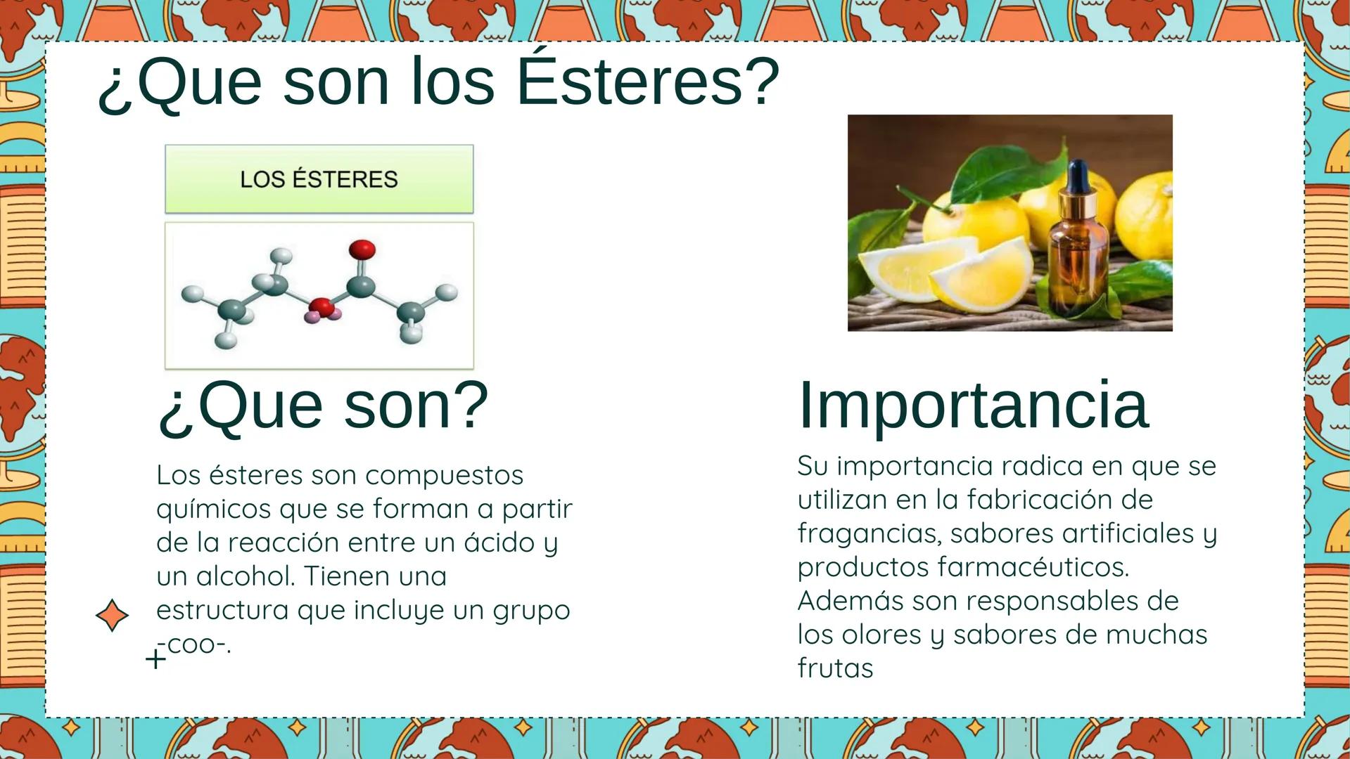 11
▬▬▬▬▬▬
+ +
+
11
IT
+
++
11
ÉSTERES
Luisa Sevillano v Tatiana Tello
y
11
11
1101 3
3
3
Tabla de contenido
01
¿Que son los ésteres?
03
Prop
