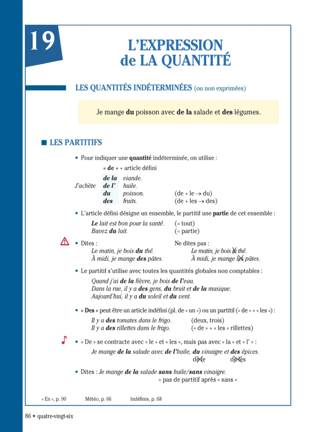 # 19
L'EXPRESSION
de LA QUANTITÉ
LES QUANTITÉS INDÉTERMINÉES (ou non exprimées)
Je mange du poisson avec de la salade et des légumes.
LE