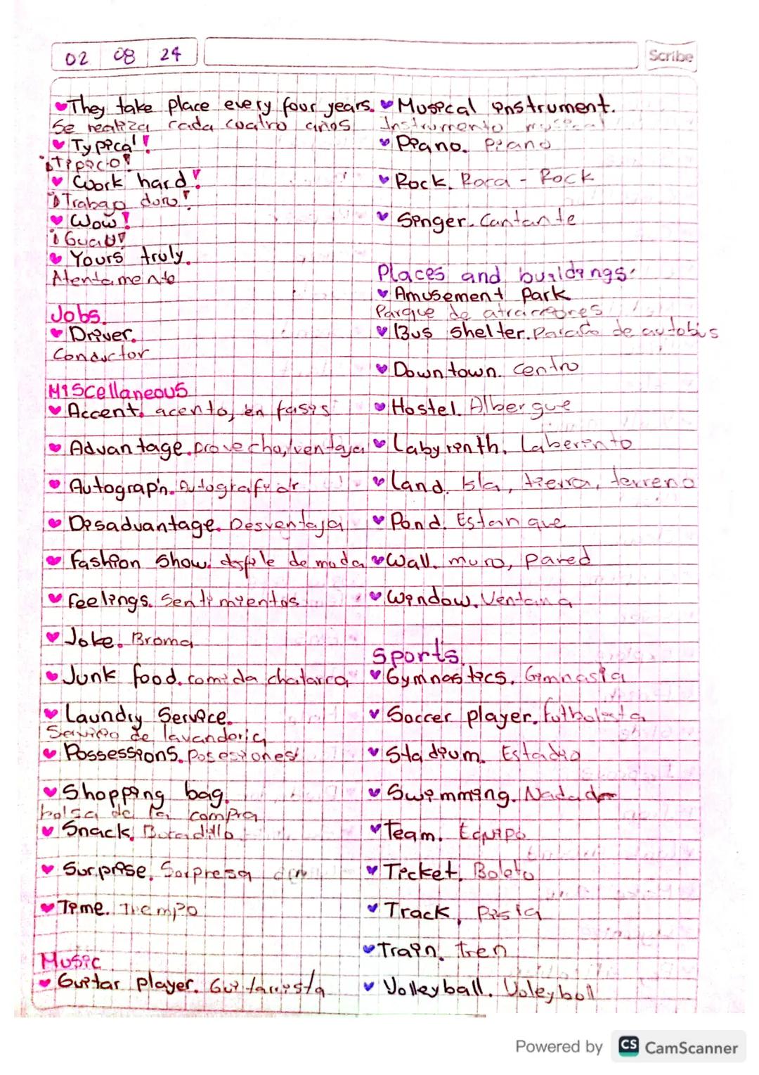 Scribe
02
08 24
# Adjectives.
* Annoyed. Lexojada, molesto Sadly. Tex, termonte
* Available Disponible
* Slowly lentamente
* Complex. Comple