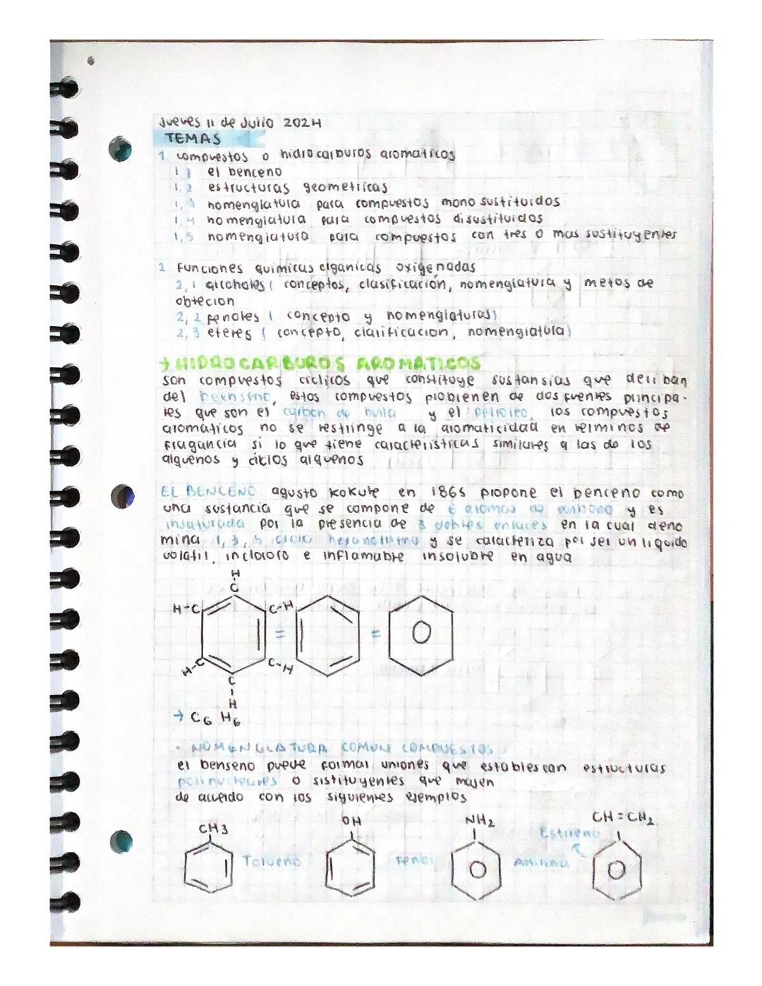 Jueves ii de Julio 2024
TEMAS
1 compuestos o hidrocarburos aromaticos
I el benceno
1.2 estructuras geometricas
1. nomengiatura para compuest