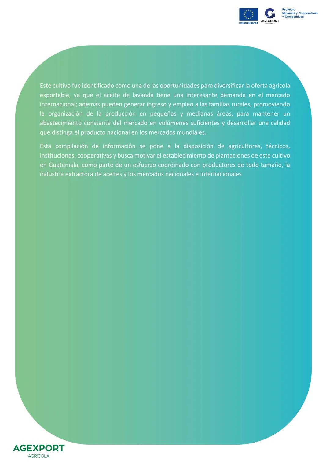 G
AGEXPORT
Proyecto
Mipymes y Cooperativas
+ Competitivas
UNIÓN EUROPEA
GUATEMALA
Lavanda, Lavandula angustifolia
AGEXPORT
AGRÍCOLA CONTENID