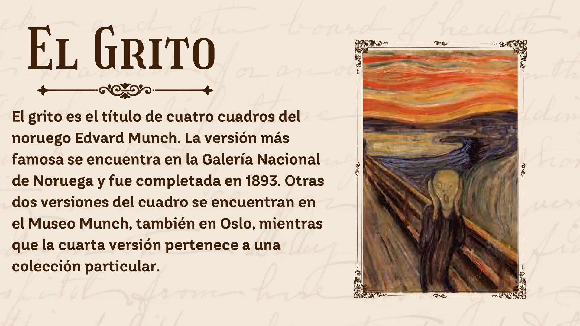 OBRA
EL GRITO
ANA VALERIA MENDEZ FLOREZ
10-02
Biblioteca Borcelle
Ether
now.
he EL GRITO
El grito es el título de cuatro cuadros del
noruego