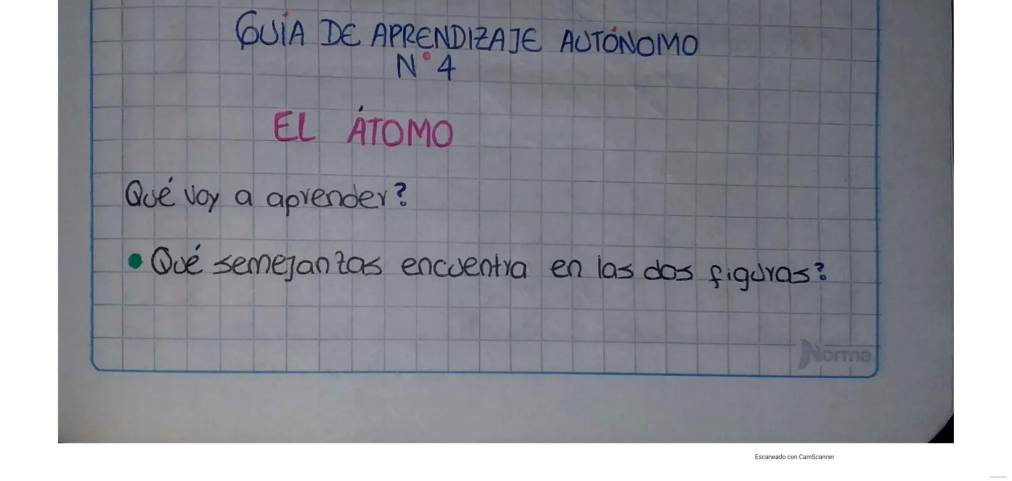 GUIA DE APRENDIZAJE AUTÓNOMO
N°4
EL ATOMO
Que voy a aprender?
• Qué semejantas encuentra en las dos figuras?
Norma
Escaneado con CamScanner