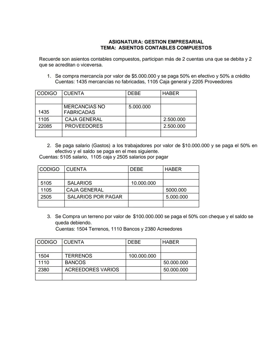 ASIGNATURA: GESTION EMPRESARIAL
TEMA: ASIENTOS CONTABLES COMPUESTOS
Recuerde son asientos contables compuestos, participan más de 2 cuentas