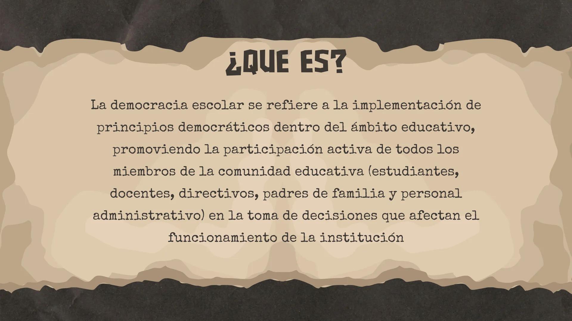 DEMOCRACIA
ESCOLAR
MANUELA FRANCO
MARIANA CARBONELL
VALENTINA BEDOYA
ISABELLA CARMONA ¿QUE ES?
La democracia escolar se refiere a la impleme