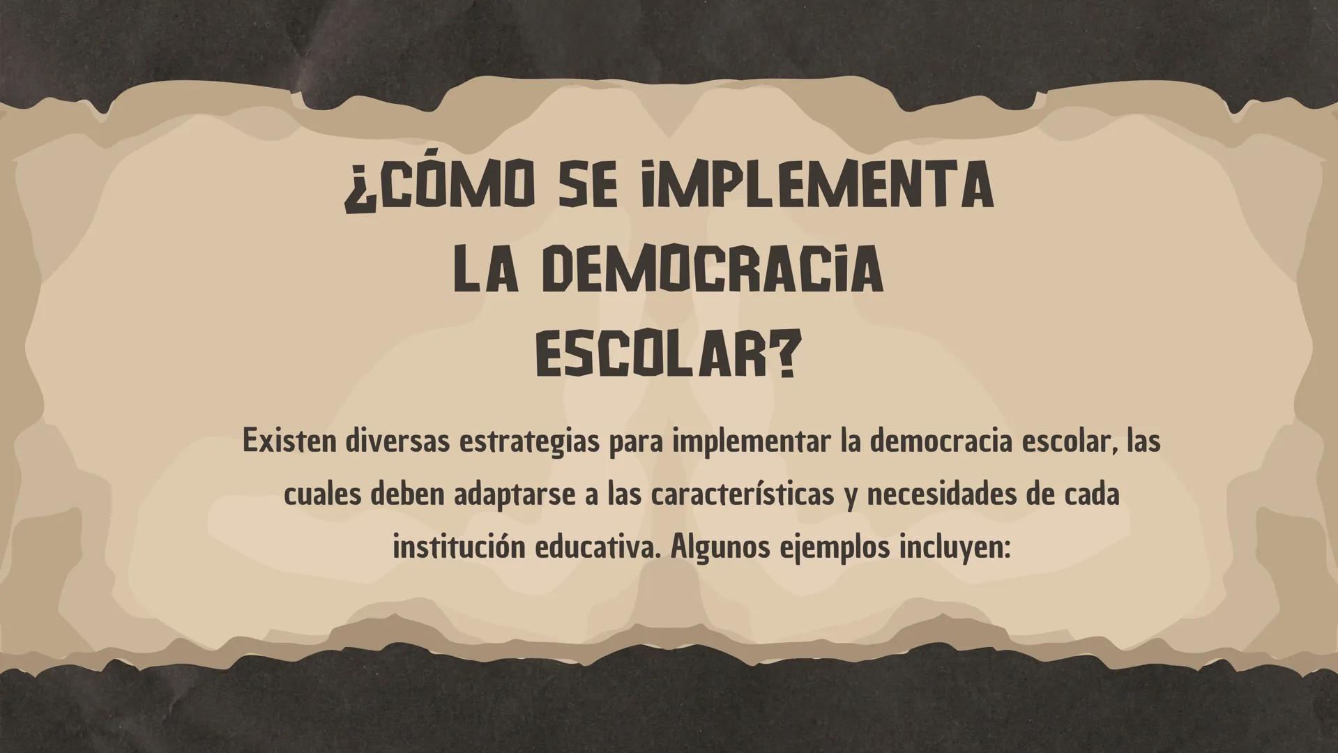 DEMOCRACIA
ESCOLAR
MANUELA FRANCO
MARIANA CARBONELL
VALENTINA BEDOYA
ISABELLA CARMONA ¿QUE ES?
La democracia escolar se refiere a la impleme