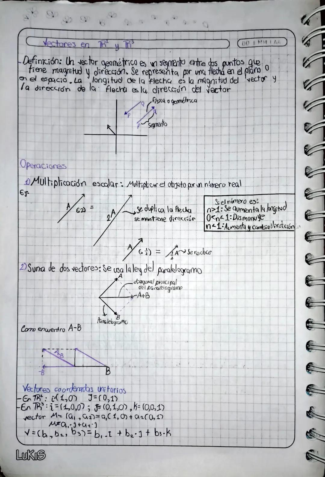 # Vectores en TR² y TB³
DD IMMIAA
- Definición: Un vector geométrico es un segmento entre dos puntos que
tiene magnitud y dirección. Se re