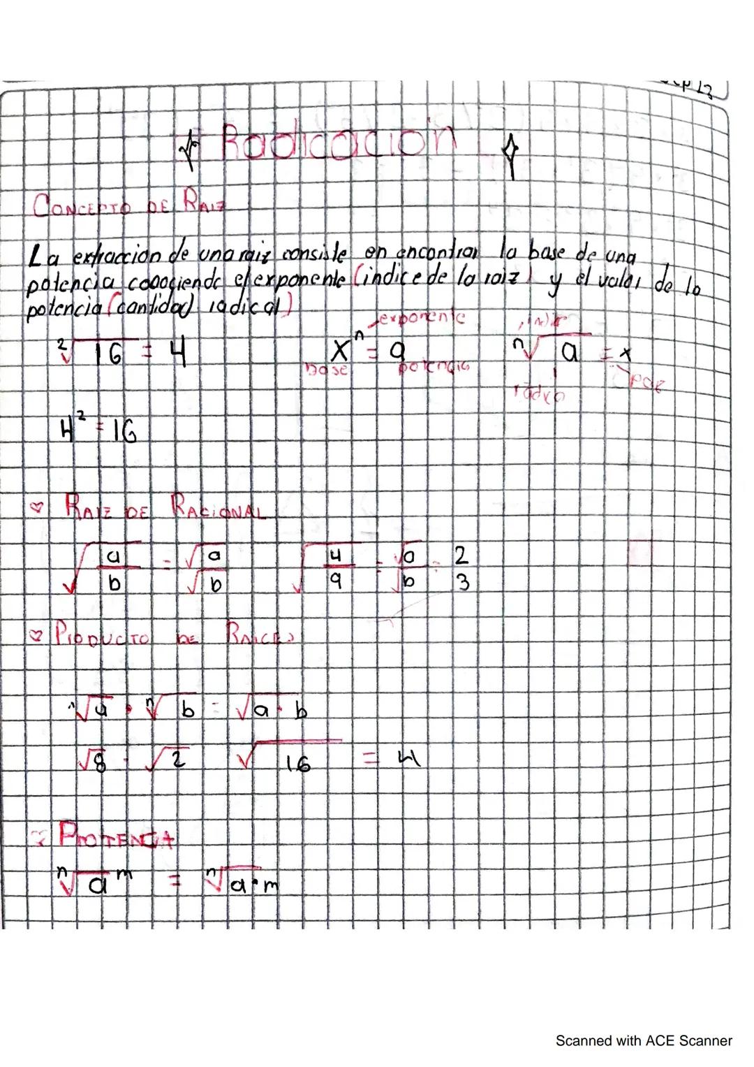 # Radicacion
CONCERTO DE RAIZ
La extraccion de una raiz consiste en encontrar la base de una
potencia cooosiende elexponente (indice de la