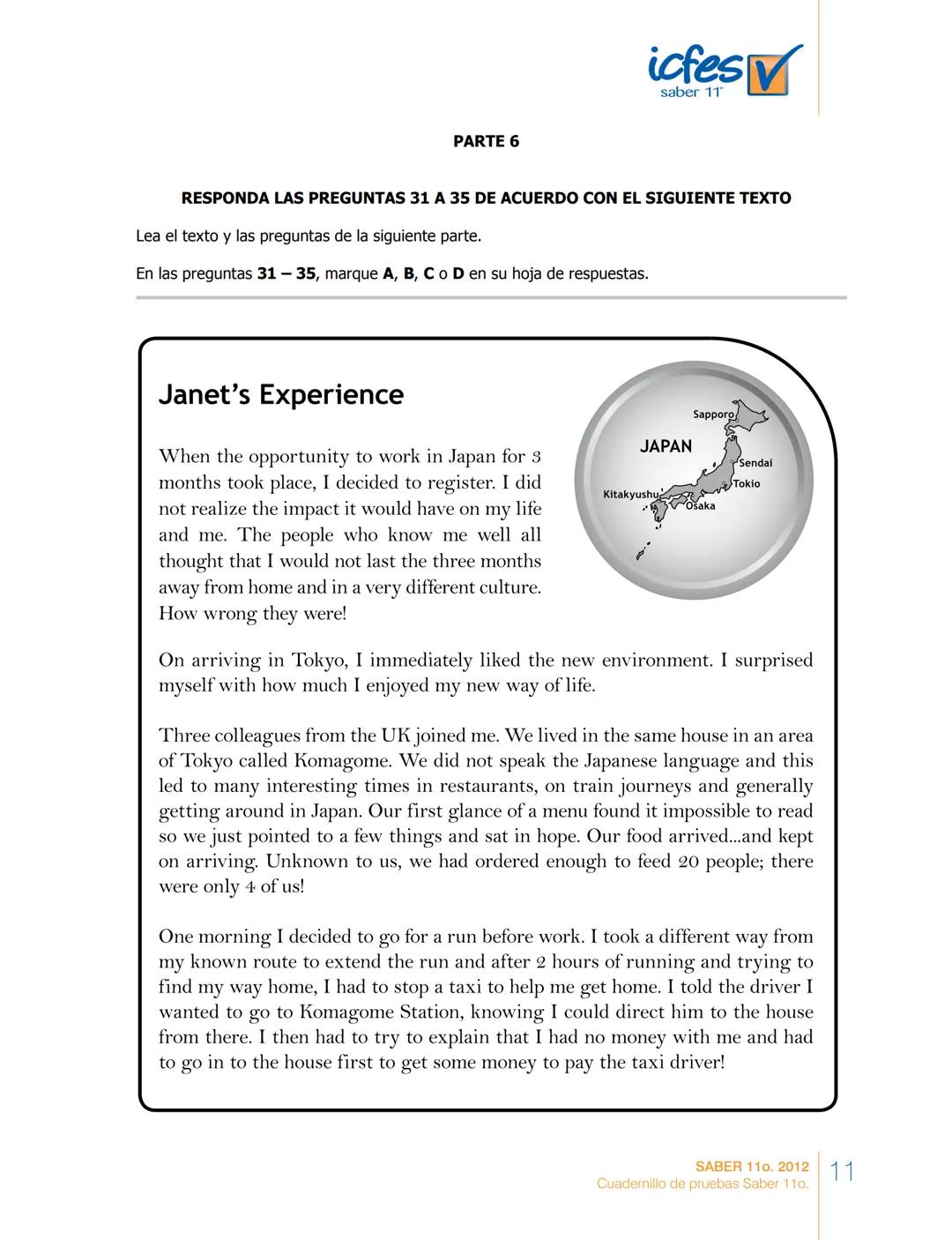 saber 11°
icfes V
☑
CUADERNILLO
DE PREGUNTAS
SABER 110. 2012
Cuadernillo de pruebas Saber 110.
Ministerio de
Educación Nacional
República de