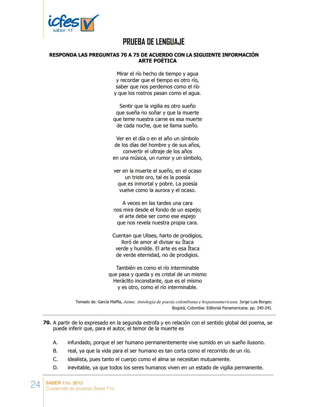 saber 11°
icfes V
☑
CUADERNILLO
DE PREGUNTAS
SABER 110. 2012
Cuadernillo de pruebas Saber 110.
Ministerio de
Educación Nacional
República de