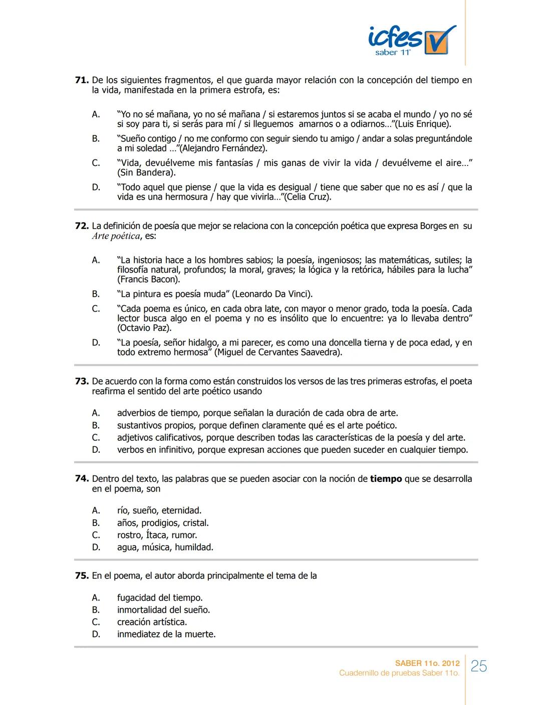 saber 11°
icfes V
☑
CUADERNILLO
DE PREGUNTAS
SABER 110. 2012
Cuadernillo de pruebas Saber 110.
Ministerio de
Educación Nacional
República de