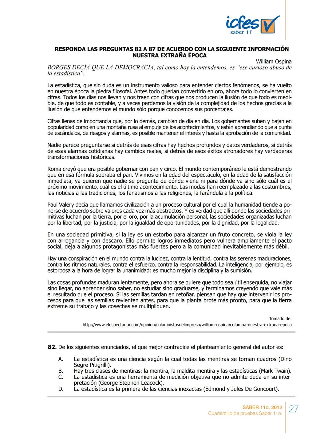 saber 11°
icfes V
☑
CUADERNILLO
DE PREGUNTAS
SABER 110. 2012
Cuadernillo de pruebas Saber 110.
Ministerio de
Educación Nacional
República de