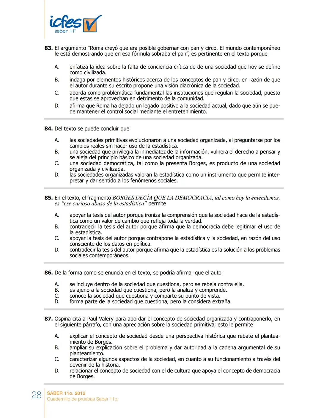 saber 11°
icfes V
☑
CUADERNILLO
DE PREGUNTAS
SABER 110. 2012
Cuadernillo de pruebas Saber 110.
Ministerio de
Educación Nacional
República de
